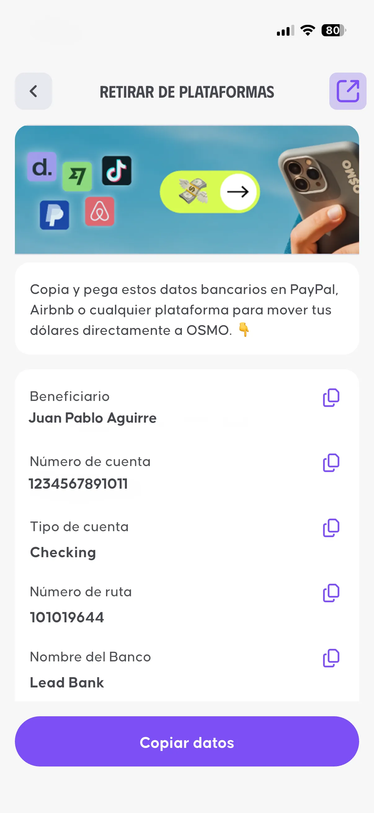 Datos de la cuenta virtual en EE.UU. de OSMO para recibir pagos en dólares