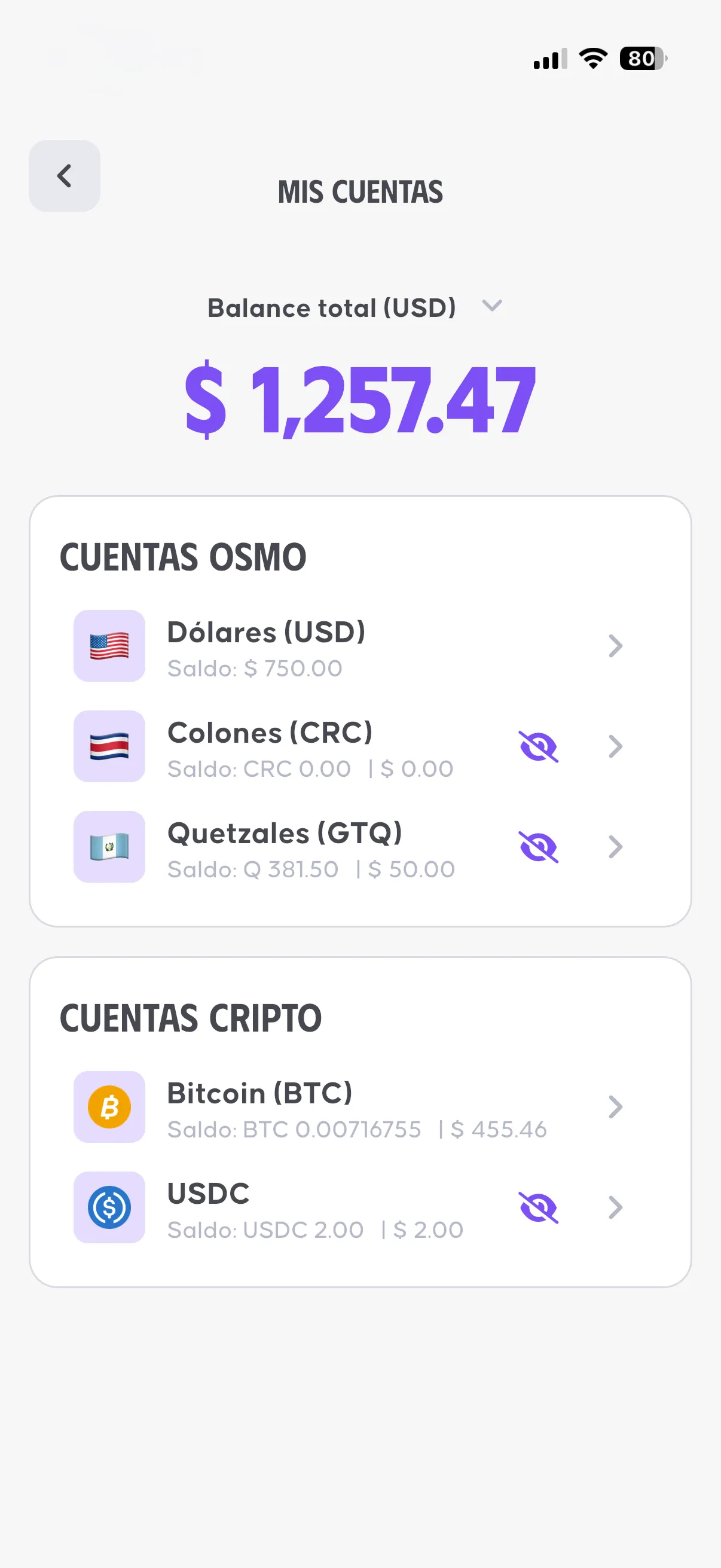 Pantalla de OSMO con todas tus cuentas: dólares, quetzales, Bitcoin y USDC