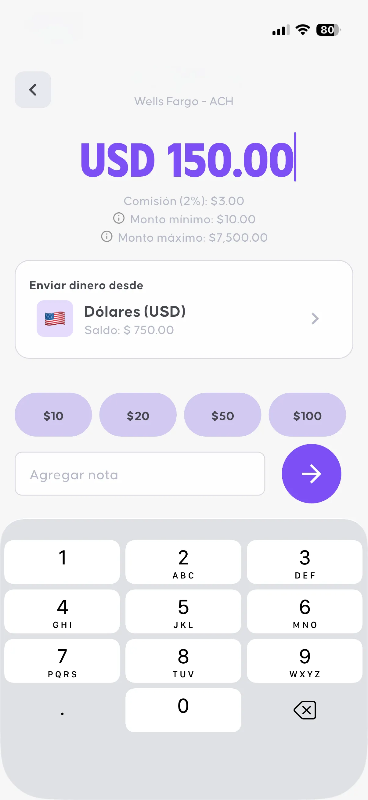 Pantalla de la app de OSMO para elegir el monto a enviar a una cuenta de banco