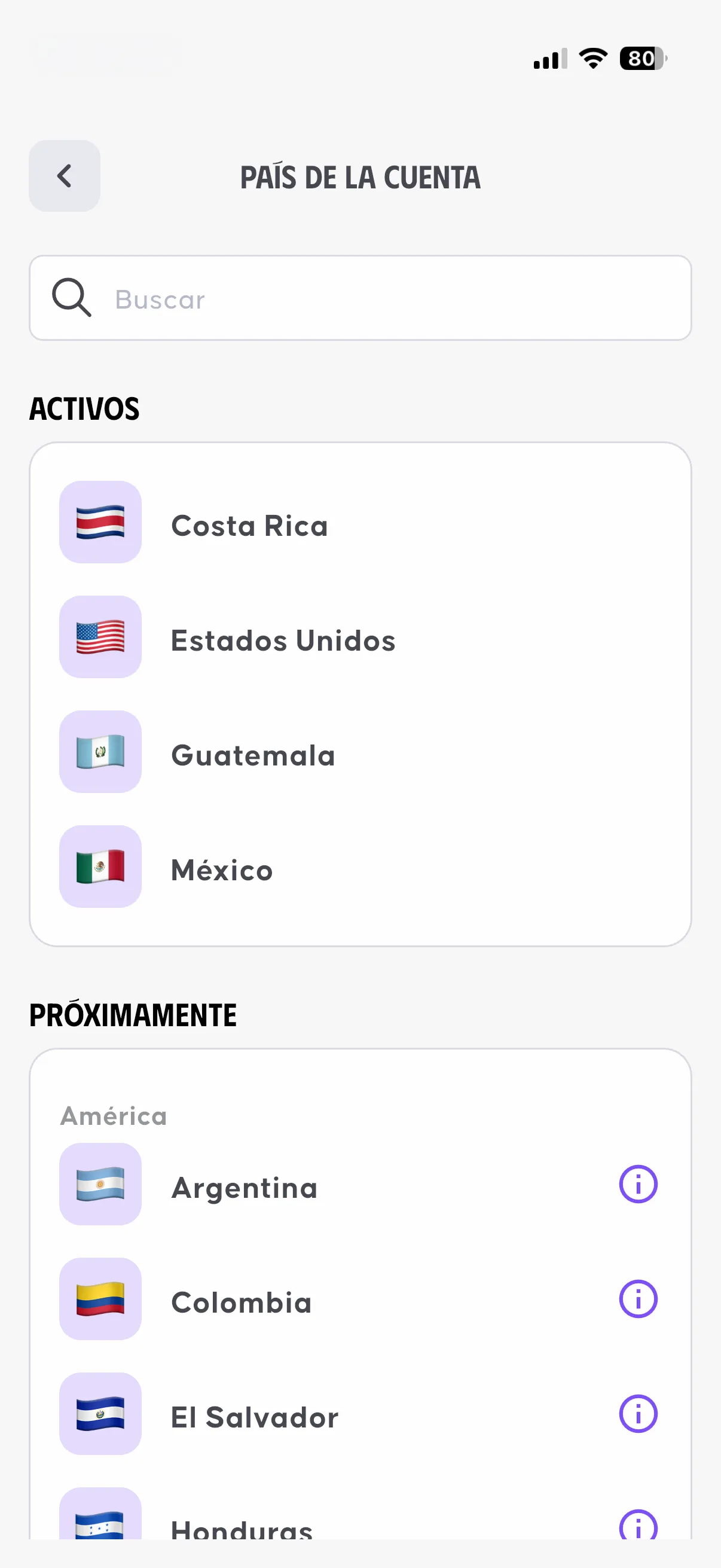 App de OSMO para enviar dinero, mostrando los países de destino disponibles