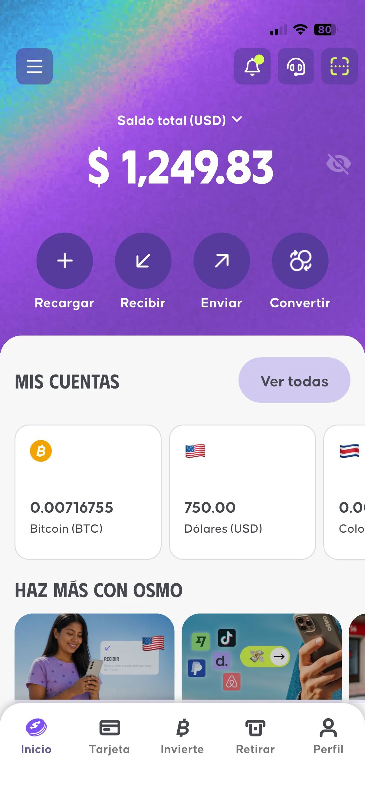 App de OSMO mostrando el saldo total y las cuentas multimoneda en dólares, quetzales y Bitcoin