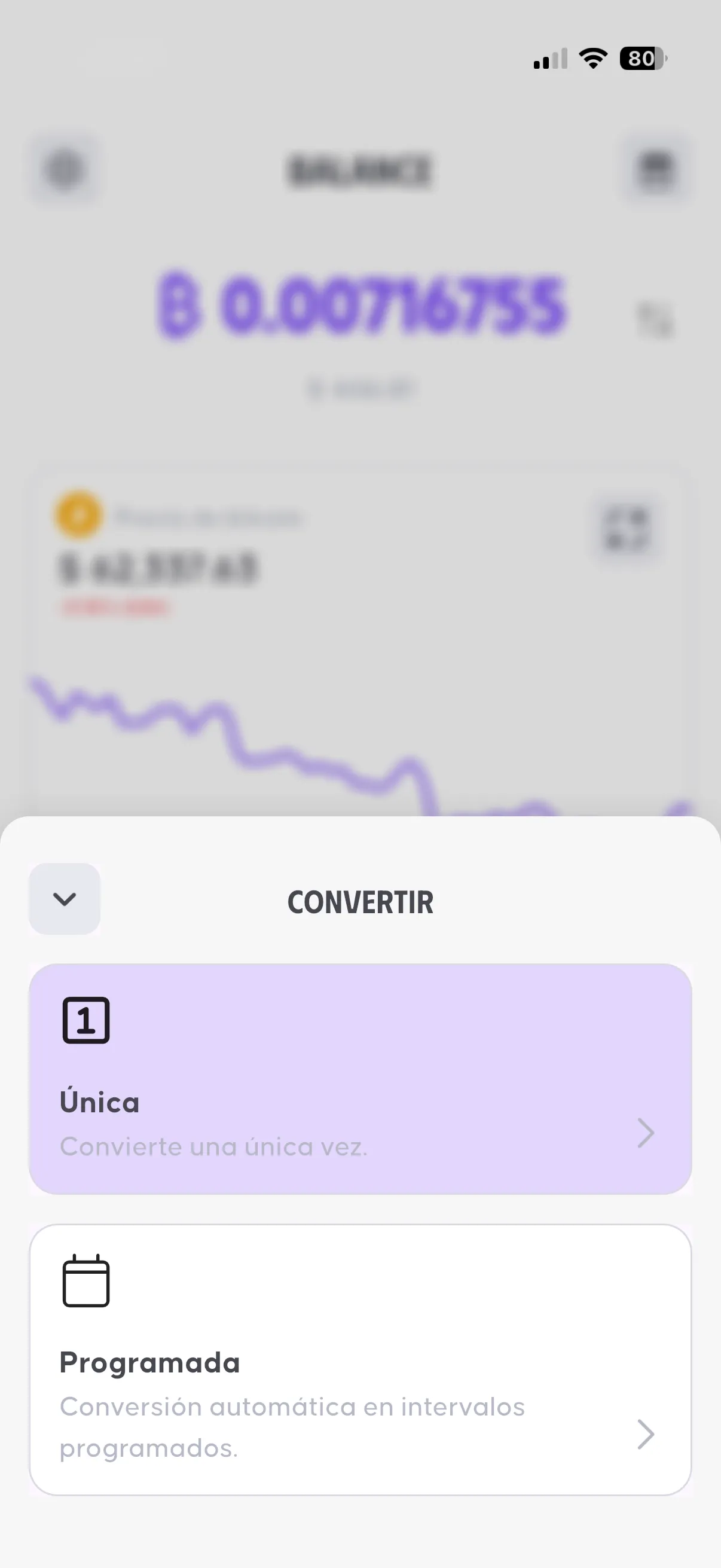 Pantalla para convertir a Bitcoin en OSMO, con la opción Inversión Programada