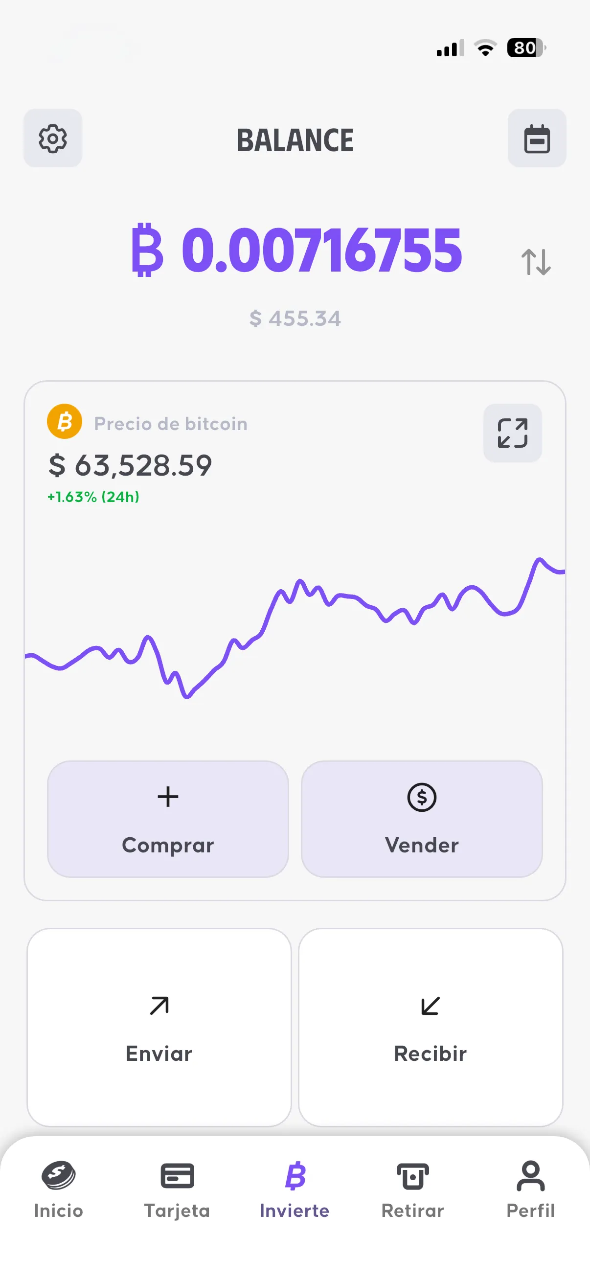 App de OSMO mostrando la inversión en Bitcoin, con el saldo en satoshis