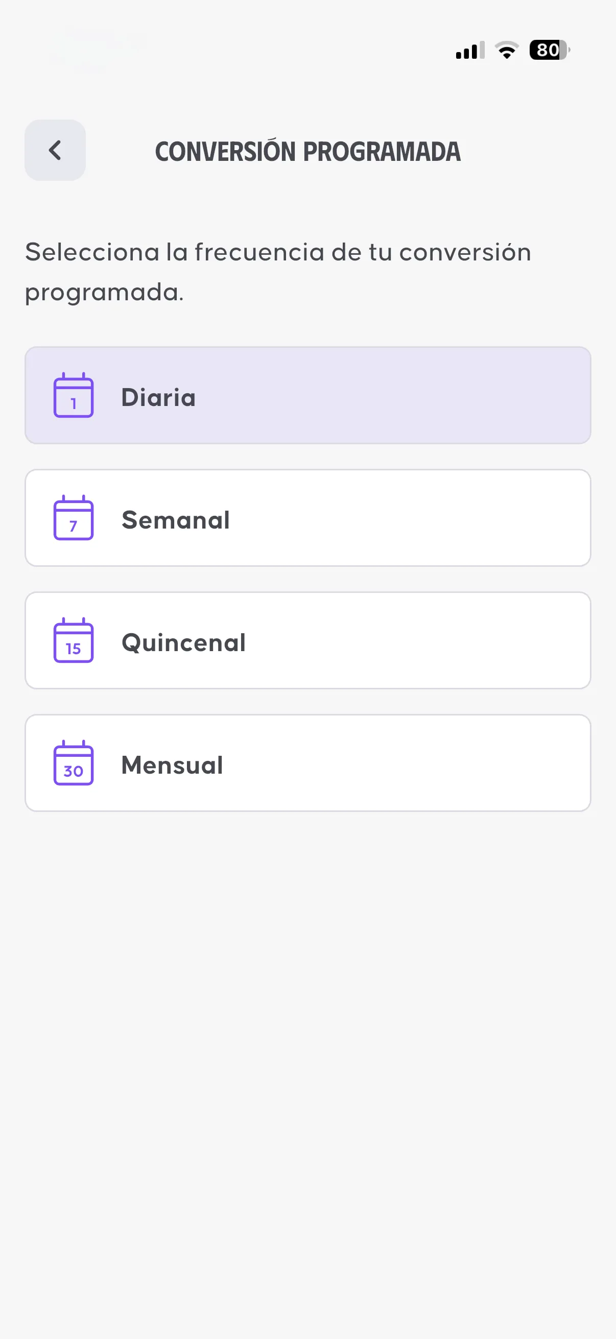 Pantalla de OSMO para configurar la inversión programada: monto y frecuencia