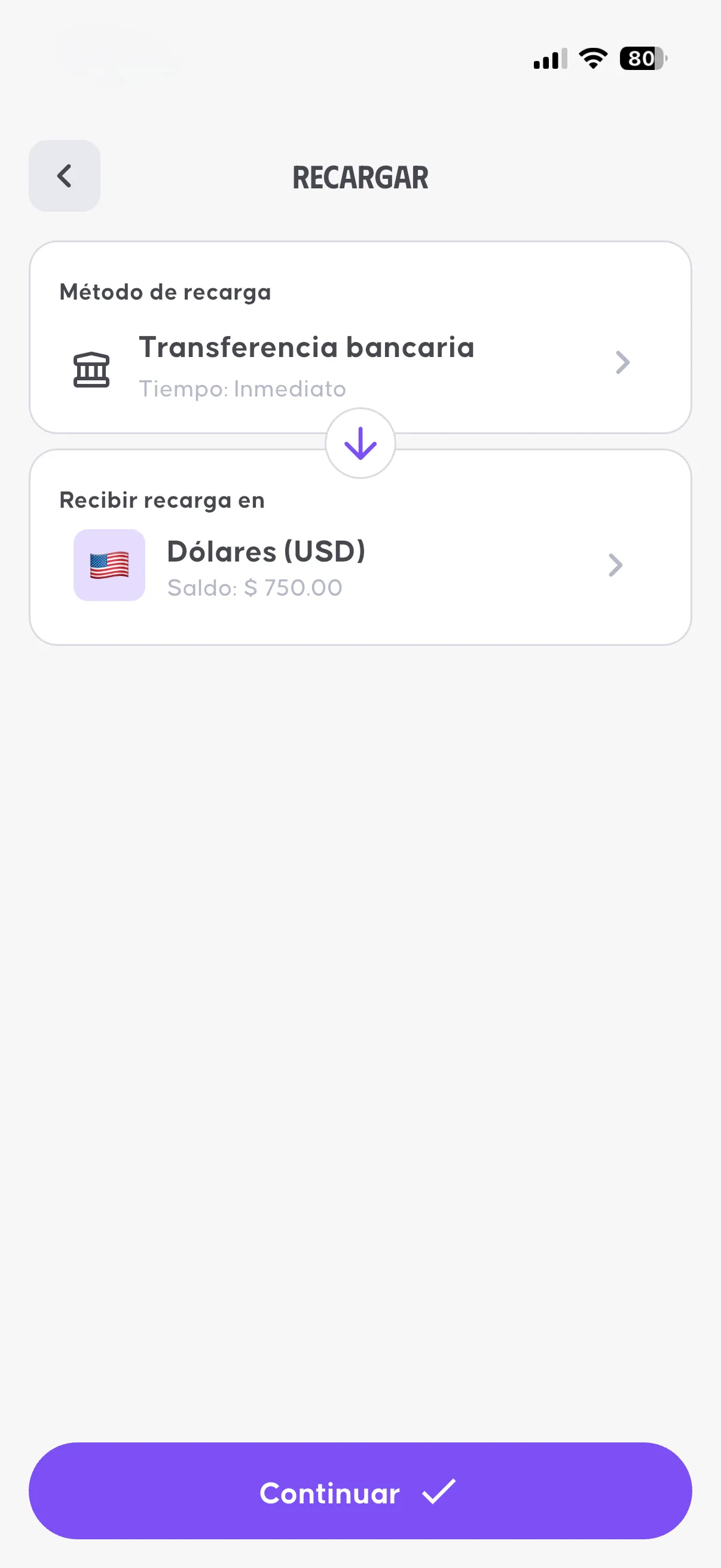 Pantalla para recargar la cuenta de OSMO por transferencia bancaria o efectivo