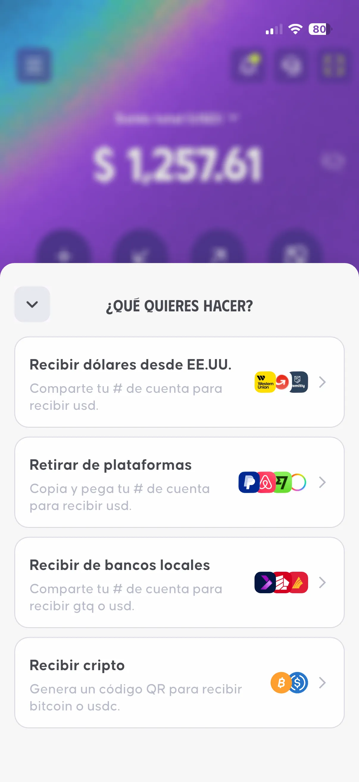 Menú de la app de OSMO para recibir dinero: pagos de EE.UU. por ACH y WIRE