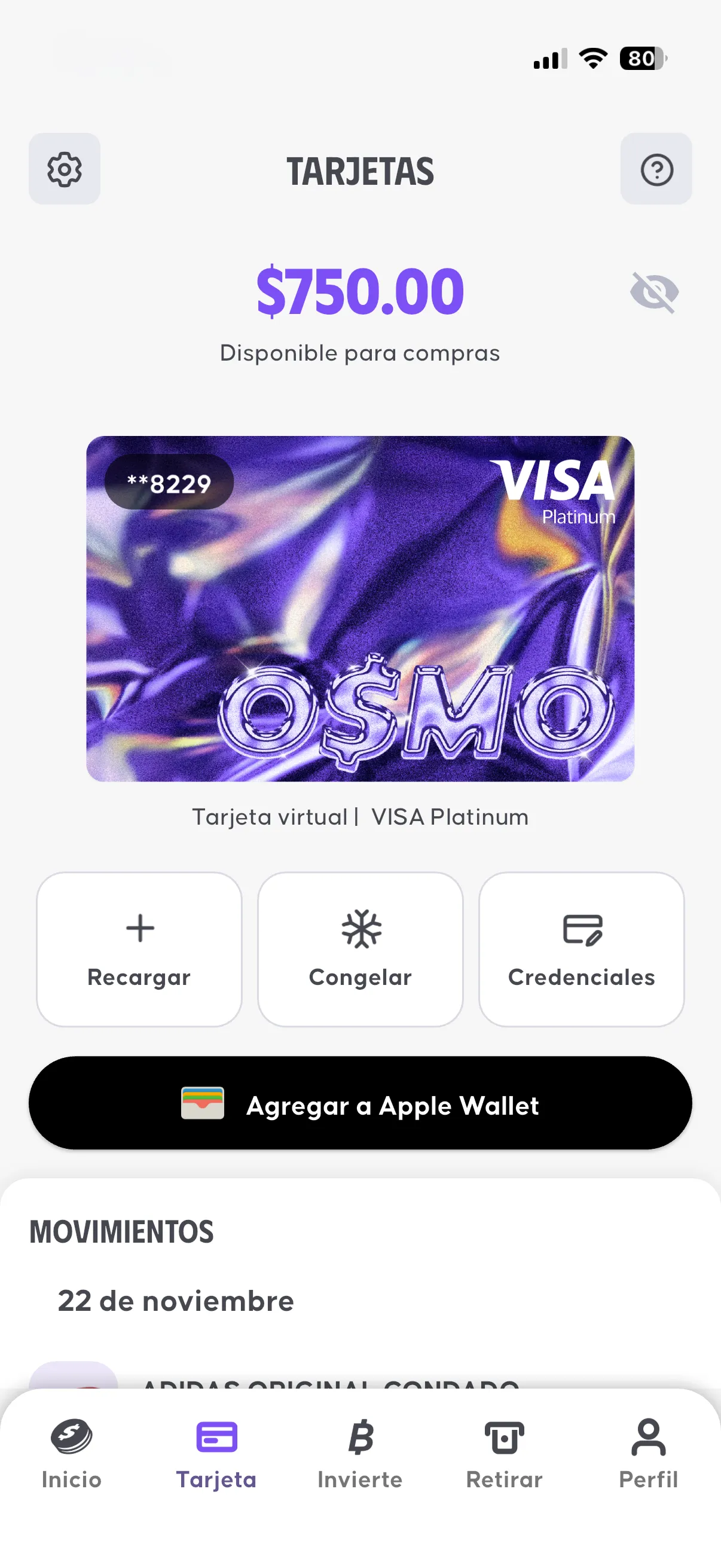 Pantalla de la tarjeta Visa virtual de OSMO para agregarla a Apple Pay o Google Wallet