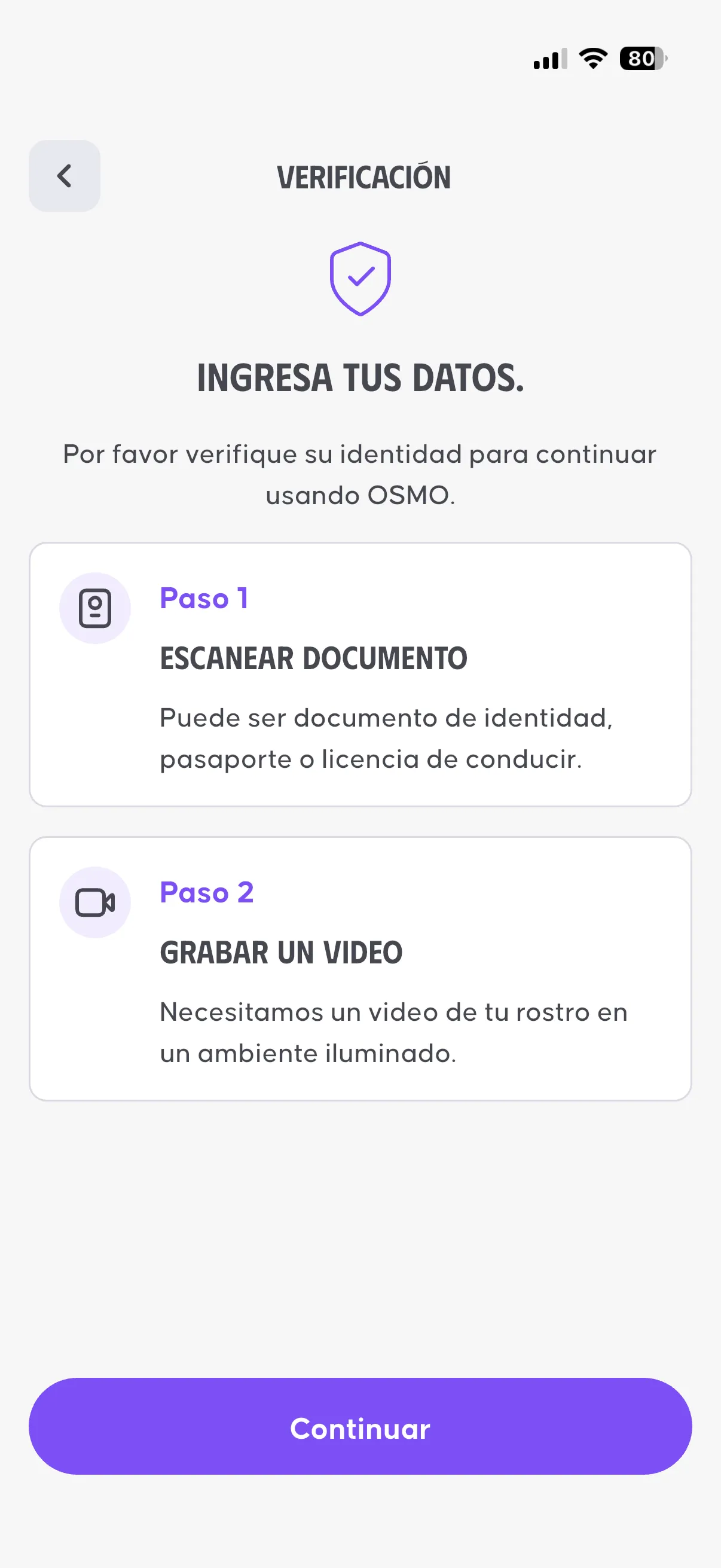 Pantalla de verificación de identidad con documento local en la app de OSMO